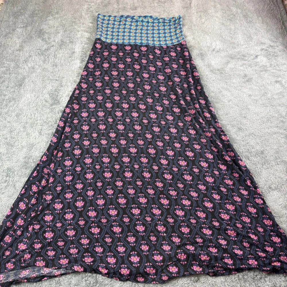 Natural Life Floral Maxi Skirt Black Pink Boho Fold Over Waist Stretch Medium